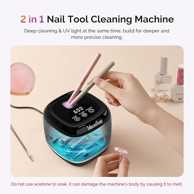 MelodySusie 2 in 1 Nail Tool Cleaning Machine, 3 Timers Mode for Nail Drill Bits, Nail Art Brush, Nail Clipper, Jewelry Cleaning, Salon & Home Use,Black,DL-160