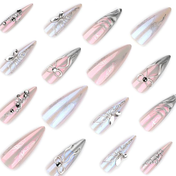 3D Silver Butterfly Press on Nails Long Stiletto – Chrome Powder Designs, Acrylic Reusable Fake Nails with Adhesive Tabs Glue, Salon Quality Nail Press Ons - Nail Kit for Women Manicure