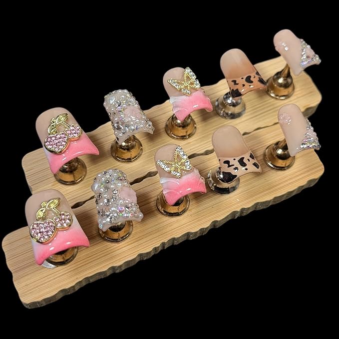 Handmade Press on Nails Short Duck Shape - Leopard Print & Full Diamond Cherry Design, Pink Acrylic Reusable False Nails with Gold Leaves & Butterfly, Unique 3D Nail Art Set (Jewel Orchard, S)