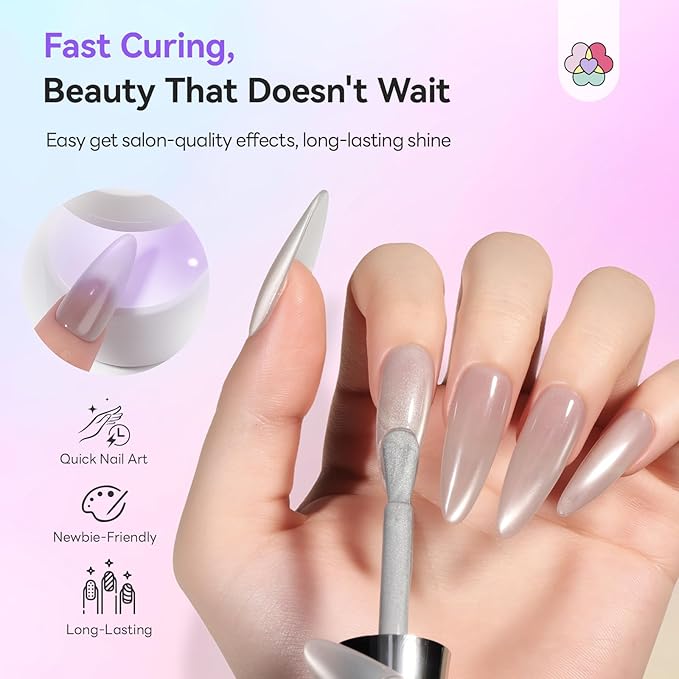 SAVILAND Glassy Cat Eye One-Step Gel Polish Kit: 5-In-1 Jelly Silver Magnetic Gel Nail Polish with Fast Curing Mini U V Nail Lamp Magnet CatEye Nails Home Easy To Use Women Gift 15ML Travel