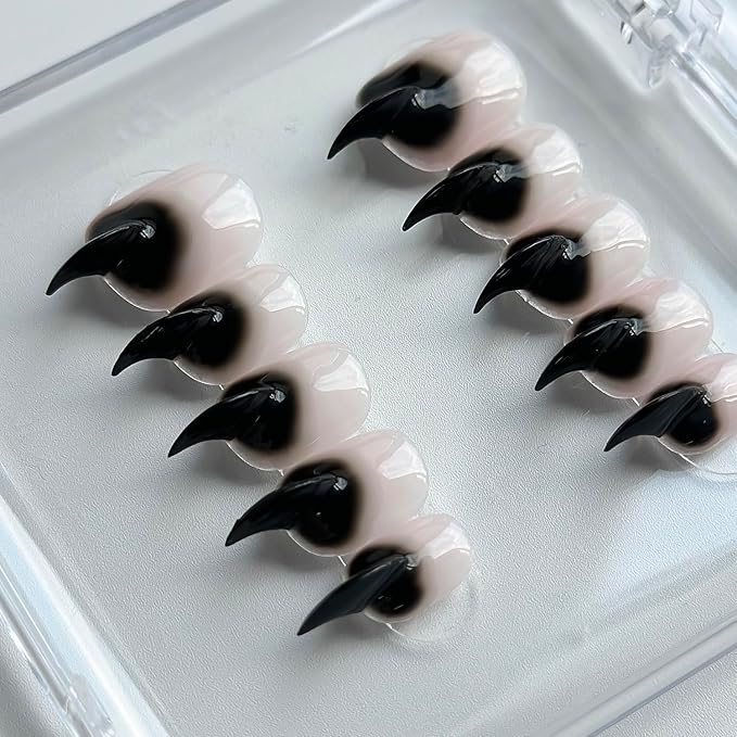 Halloween Press on Nails Luxury Short Stiletto Handmade Cat Claw Unique Reusable ABS Material Black Fake Nails Eagle Claw False Nails Gradient Glossy Glue on Nail Curved Thick Acrylic Nail(M)