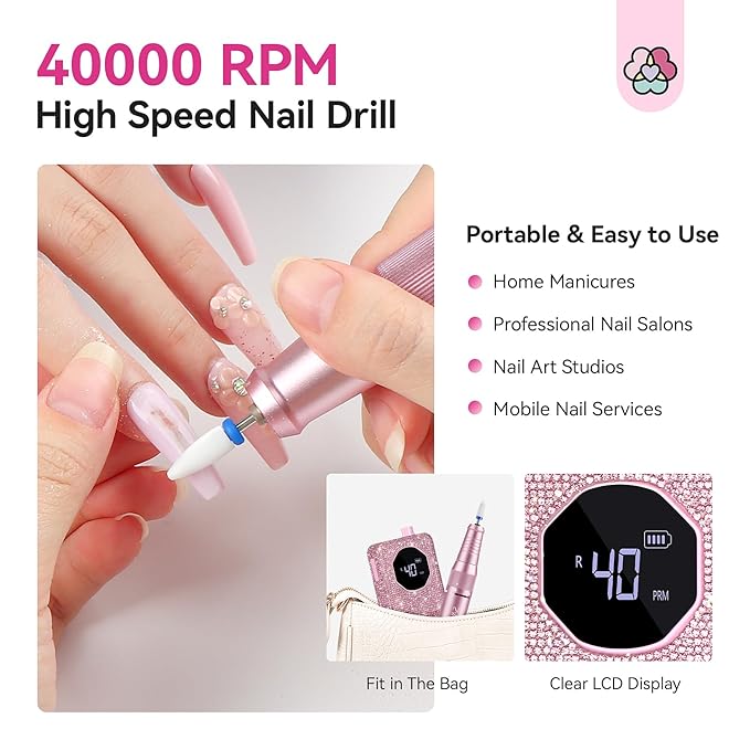 SAVILAND Professional Nail Drill 40000 RPM: Portable Electric Nail Drill Kit File Machine with Ceramic Nail Bit Sanding Bands for Quick Acrylic Removal Manicure Salon Home Use, Pink Diamond
