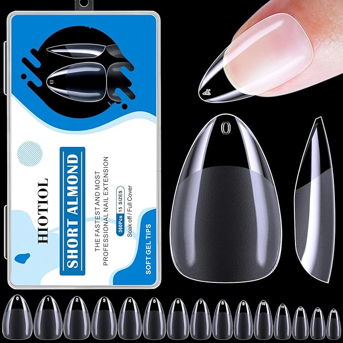 Short Almond Nail Tips, 360Pcs Soft Gel Full Cover Nails for Soak off Nail Extensions, Half Matte Clear False Gel Nail Tips for Nail Salons and DIY Nail Art, 15 Sizes