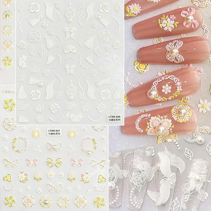 Zoance Nail Art Stickers Luxury Rhinestones Pearls 5D Embossed Customized Nail Decals, Self-Adhesive Flowers Butterflies Design Nail Stickers for Women Girls Salon Home DIY Nail Decoration Accessories