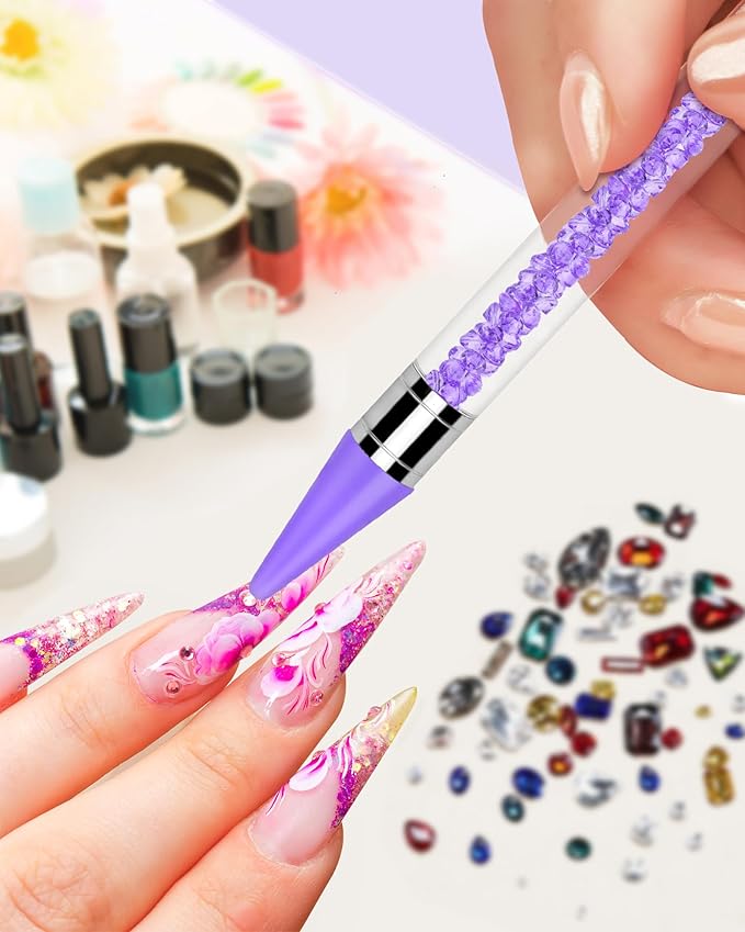 Difenni Rhinestone Picker Tool, Wax Pencil for Rhinestones Tool, Dual-Ended DIY Nail Bedazzling Tools with 4 Extra Purple Replaceable Wax Head and 1 Tweezer(Purple)
