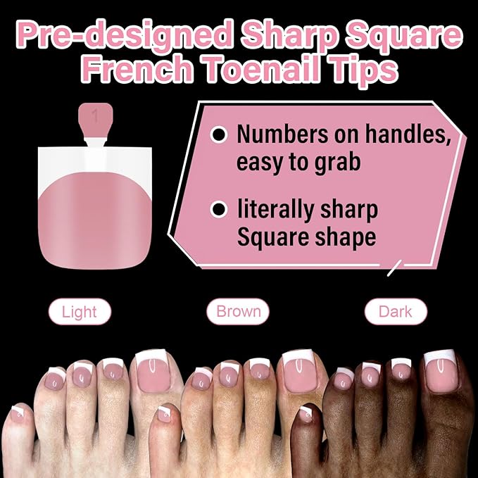 EBANKU Toe Nail Press On with 2 Nail Glue, 150pcs Square French 15 Sizes Thick Soft False Toenail Extension, Pink Full Cover Acrylic for Women Nail Art DIY