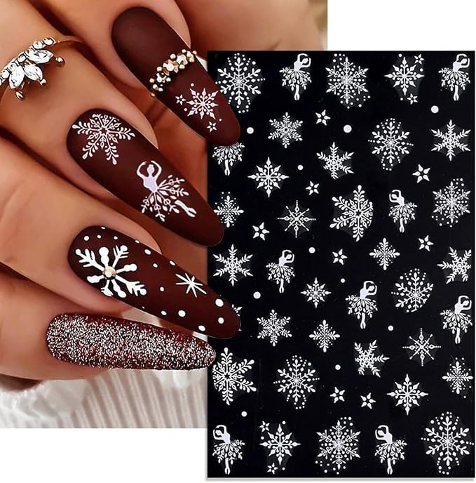 Large Snowflake Nail Stickers, Christmas Snow Self-Adhesive Nail Art Decals for Women Girls DIY Winter Sweater Pattern Knitted Manicure (4 Sheets)