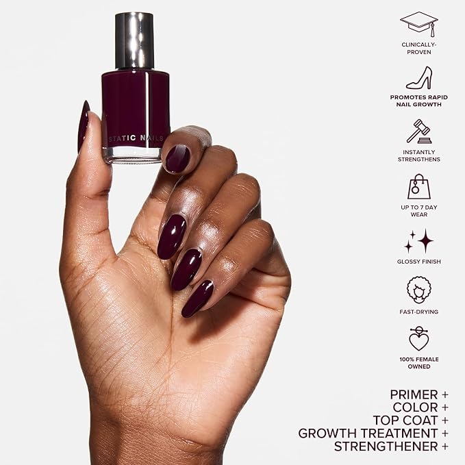 Static Nails 5-in-1 Rapid Growth Treatment Polish, Clinically Proven Hardener & Strengthener, Built-in Top & Base Coat, Quick Dry Formula, Repairs & Lengthens – Cherry Noir (Cherry Plum) 0.4 Fl Oz