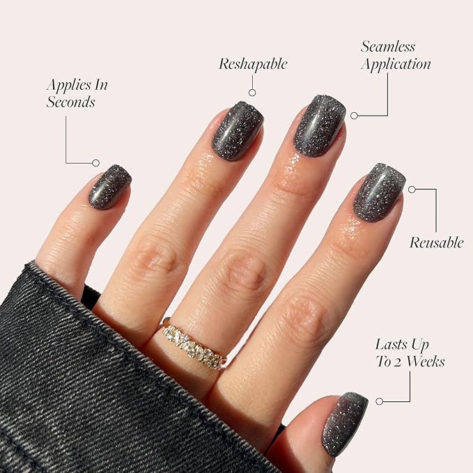 Glamnetic Press On Nails - Cosmic Fake Nails | Semi-Transparent Sparkly Black Short Squoval Fake Nails with a Glossy Finish, Salon Quality | 15 Sizes - 30 Nail Kit with Glue