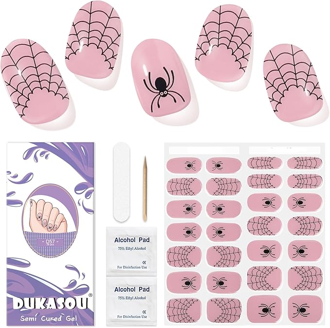 Semi Cured Gel Nail Strips,28 pcs Halloween Gel Nail Stickers (Spider Web),Long Lasting Polish Stickers Work with Any UV Light, Easy to Apply Spider Nail Art Decals for Festival