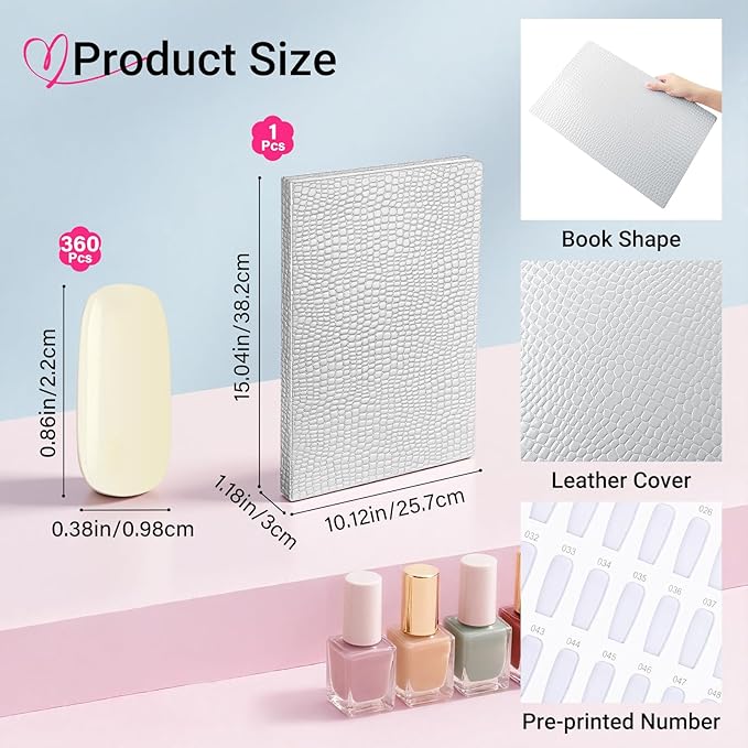 Segbeauty 308 Color Nail Polish Display Book Organizer, Silver Nail Color Swatches Sample Book for Art Salon with 360 False Nails Tips DIY Press On Nails Display Holder Board Cases Storage Stand