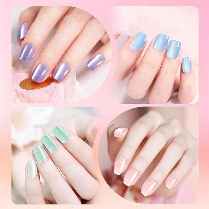 Allstarry Cat Eye Press on Nails, 15 Full Sizes Range Cat Eye Nails Press Ons 4 Colors Cateye Presson Nail for Women 120pcs Green Purple Blue Pink Glossy Short Square Fake Nail Tips Stick DIY Salon