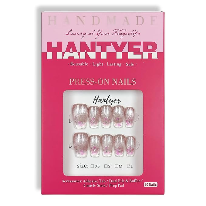 Handmade Press on False Nails - Medium Coffin Nails, Pink Ombre French Tips with Cat Eye & Aurora Sakura Design, 10pcs Glossy Finished Reusable Gel Nails with Pearls Gift for Women (Size L)