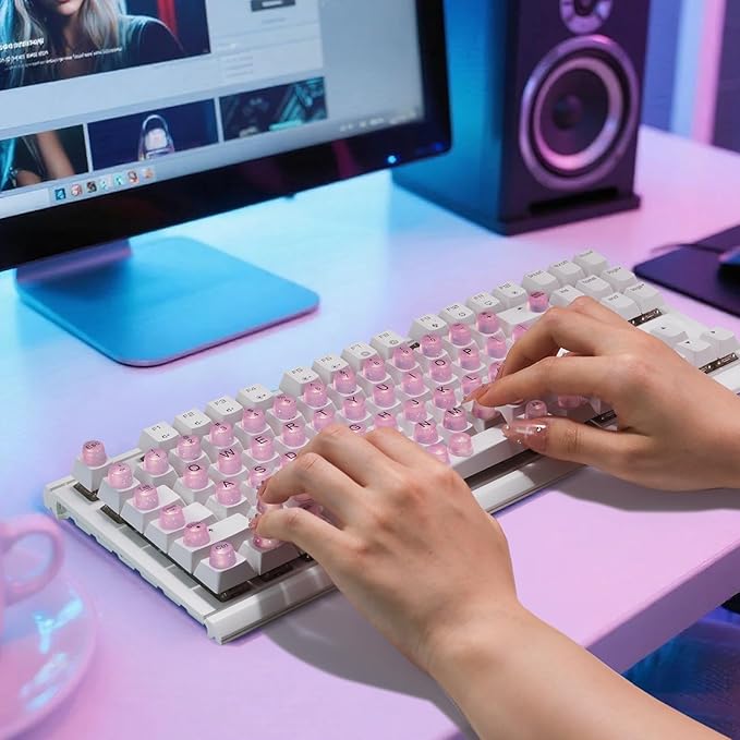 Raised Keyboard Stickers for Long Nails, Bling Keyboard Bubbles for Women with Letters, Soft Silicone Nail Art Typing Keycaps for Desktops (Pink, 64 Pcs)