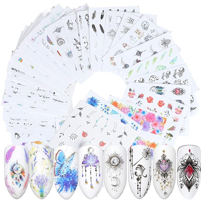 40 Sheets Nail Water Transfer Decals, Nail Art Stickers for Women, Holographic Flowers Pendant Necklace Butterfly Leaf Nail Designs Supplies, Acrylic Nails Decorations DIY Resin Nail Decal Tattoos Set