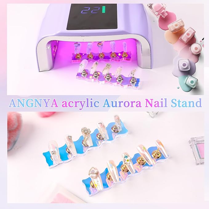 ANGNYA Nail Stand for Press on,2 Set Aurora Nail Holder for Painting Nails Press on Nail Stands with 96 Pcs Reusable Sticky Putty for Nail Art Display Home & Salon Use