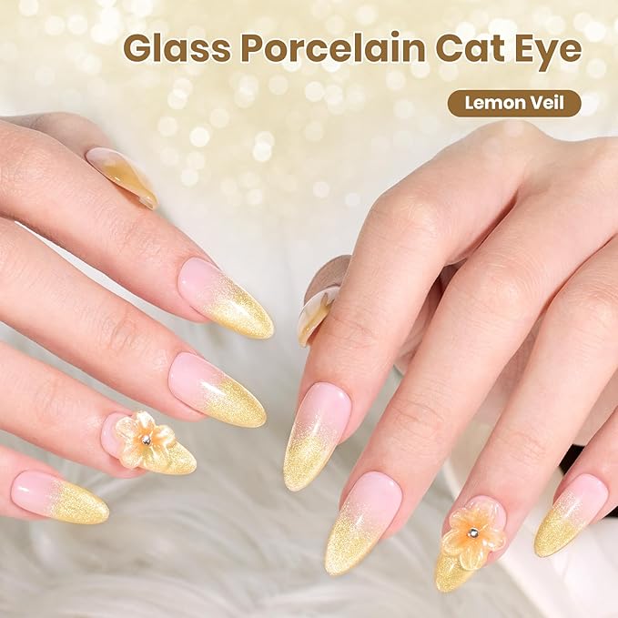 Beetles Lemon Veil Yellow Cat Eye Gel Nail Polish - 15ML Glitter Yellow Cat Eye Spring Gel Polish Magnetic Shimmer Effect Soak Off UV Nail Art Design Salon DIY Manicure Gift for Women