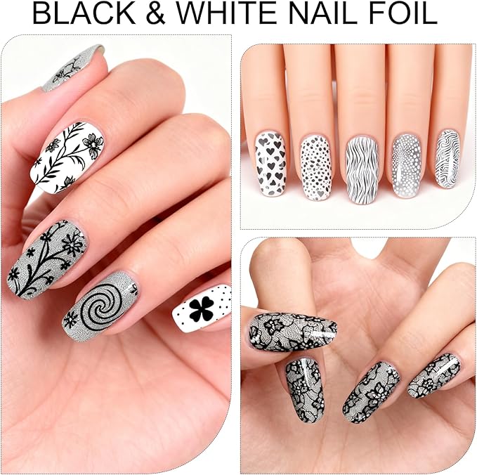 20 Rolls Lace Nail Foil, 4 Boxes Black and White Nail Art Foil Decals Sheet, Holographic Transfer Foils Stickers Paper Nails Supply for Women Girls Acrylic Manicure Wraps Decoration