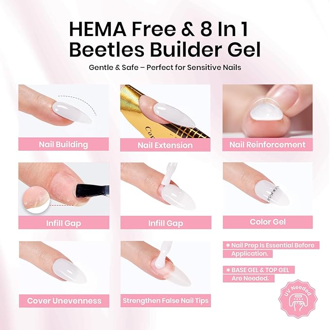 Beetles Builder Gel for Nails HEMA-Free 8 in 1 Milky White Strengthener Gel for Nail Apex & Nail Extension Nail Thickening Solution for Weak Nails Beginners & DIY Salon Manicure LED & UV Lamp Needed