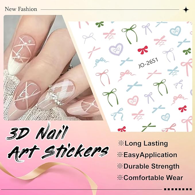6 Sheets Bow Nail Sticker 3D Embossed Self-Adhesive Color Bow Art Nails Decals 5D Design Stickers Supplies for Women Girls Manicure Decoration 807-8
