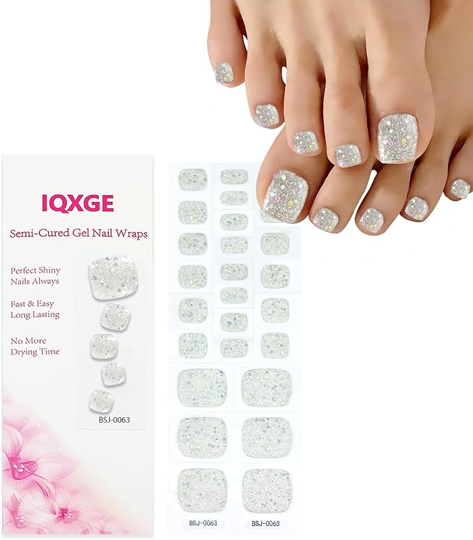 26 Pcs Semi Cured Gel Toe Nail Strips Silver Glitter Gel Nail Stickers Full Cover Clear Nails Wraps Self Adhesive Toe Nails Polish Strips Stickers for Women UV/LED Light Required