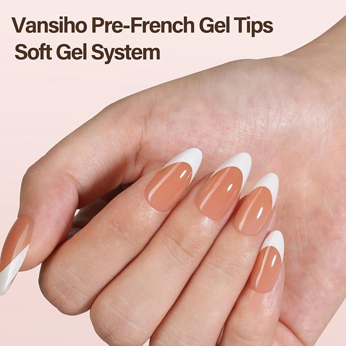 Vansiho French Gel Nail Tips, 150Pcs Medium Almond Gel Nail Tips, Brown Soft French Tips Press on Nails, Fake Nails for Nail Art DIY 15 Sizes