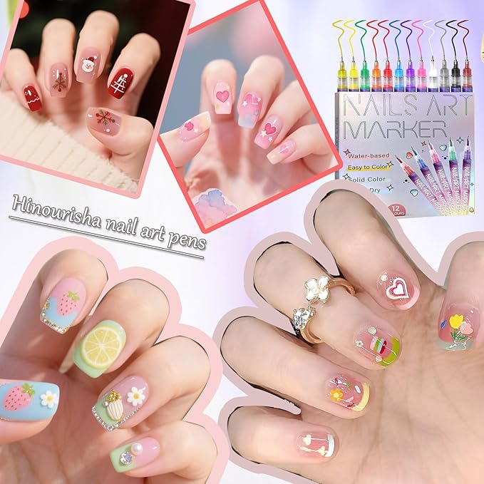 Hinourisha12pcs Nail Art Pens Sets, Nail Art Marker, 0.5mm Fine Tip Easiest Color Pens for Beginners painting nails, Nail Polish Pen Quick-drying Waterproof, Valentines Day Gifts for women