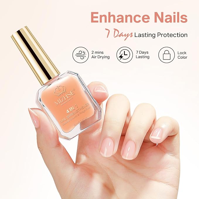 MIZHSE Nail Strengthener, Nude Color Air Dry Nail Repair Treatment Growth Polish, Natural Concealer Ridge Filler for Nails Foundation Polish for Thin and Damaged Nails 16ML