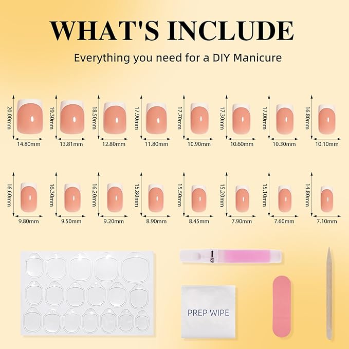 French Tip Press On Nails - Short Square Peach-toned Nude Press on Nails Glossy Nails Press Ons for Women DIY Fake Nails Kit with Glue, Reusable Glue on Nails in 16 Sizes - 32pcs, Peach Tip