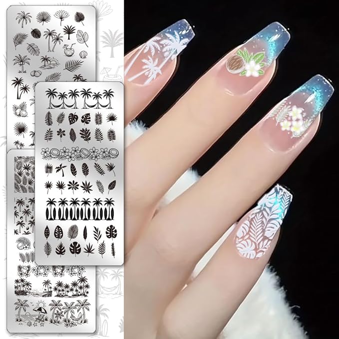 PH PandaHall 3pcs Tropical Style Nail Stamping Plates, Tree Leaves Nail Art Templates Coconut Tree Sandbeach Stainless Steel Image Plate Art Stencils for Summer DIY Print Manicures Salon Design