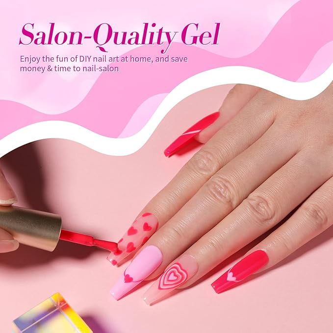 Born Pretty Neon Hot Pink Valentine's Day Gel Nail Polish,Natural Soft Light to Dark Glitter Sparkle Gel Polish Soak Off U v LED Nail Art Manicue Kit DIY at Home or Manicure Salon 6PCS