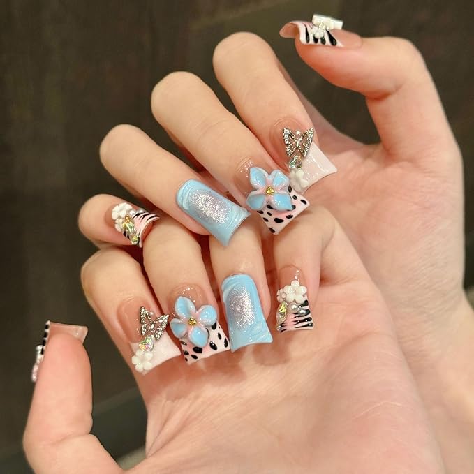 10pcs Handmade Press on Nails for Women - Medium Duck Curve 3D Thick Acrylic Fake Nails Reusable,Designer Floral Butterfly Rhinestones Bling Boho Funky Y2k Nail-art Set,L,pink blue