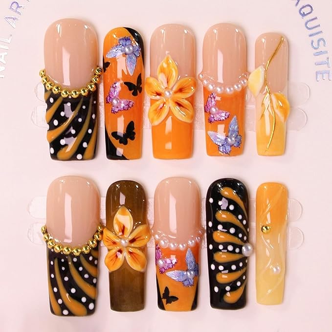 Flower Press on Nails Gradient Long Square Fake Nails with Glitter Butterfly & Pearl False Nails Designs Orange French Tip Handmade Press on Nails Thick Acrylic Stick on Nail for Wome (S)