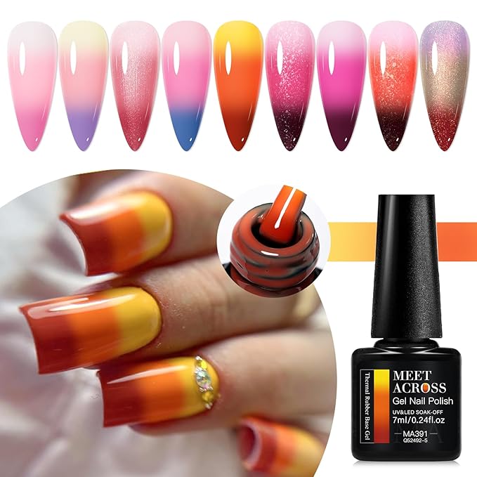MEET ACROSS 12 Pcs Color Changing Rubber Base Gel Set, Mood Temperature Change Builder Base Nail Gel with Super Top Coat, Prep Dehydrator and Nail Primer, 2-in-1 Soak Off Base Gel Nail Strengthener