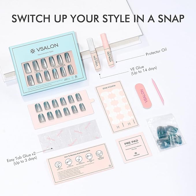 VSALON Press on Nails Medium Coffin, Ice Blue Cat Eye Chrome Shimmer Ombre Valentine Fake Nails, Reusable Soft Gel Semi-Transparent Glue on Nails, 32 Pcs in 16 Sizes Kits with Glue & Cuticle Oil