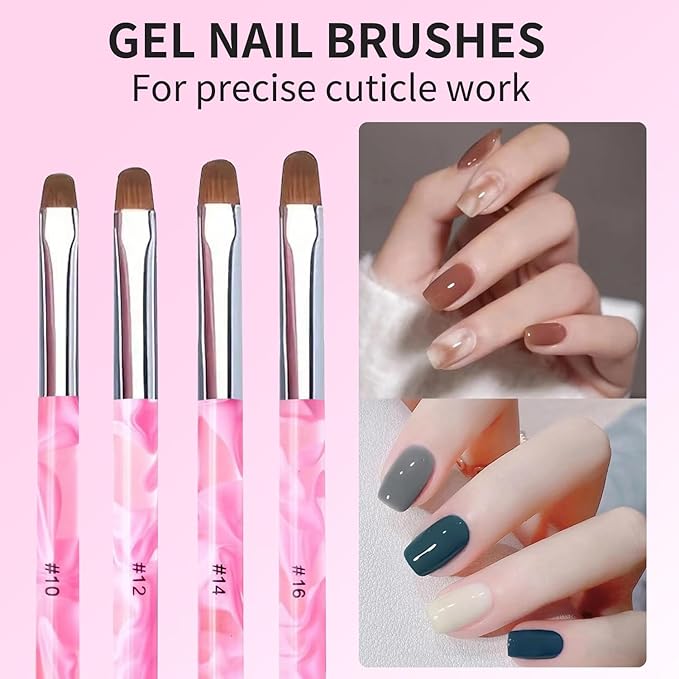 4Pcs French Tip Brush, Double-Ended French Brush for Nails with Dotting Tool, Clean Up Brushes for Gel Nail Polish, Size 10/12/14/16, Acrylic Nail Art Brushes, Manicure Tools for DIY Nail Design-Pink