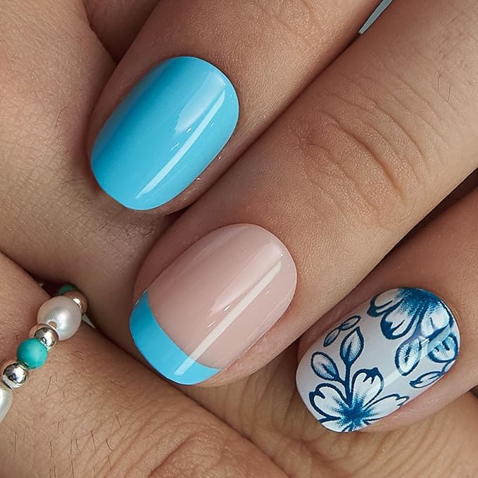 Curvlife Press On Nails – 30PCS Full Cover False Natural Fit Soft Gel Fake Nails Tips, Easy to Apply at Home Glue On False Nails Kit (Floral Accent Blue French Manicure, Short)