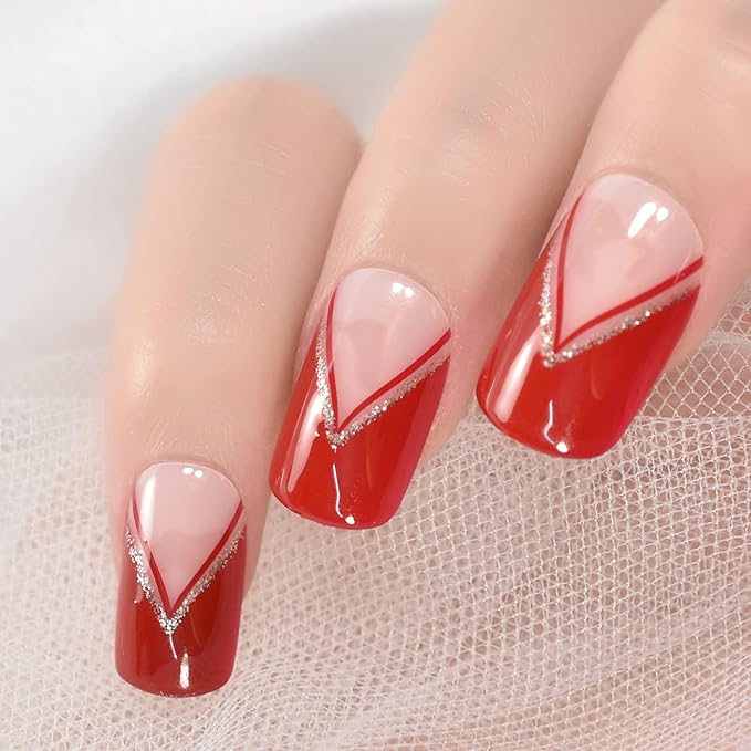 Red Gold Glitter V-Shape Press On Nails Medium Square Acrylic Full Cover Salon DIY False Nails 24 pcs/kit