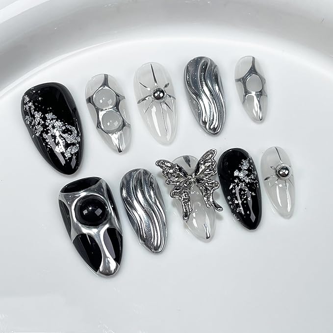 Gothic Long Almond Press-On Nails Set, Black and Silver Metallic Design with Butterfly Accent, Handmade False Nail 10 Pieces (Medium,Almond)