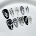 Gothic Long Almond Press-On Nails Set, Black and Silver Metallic Design with Butterfly Accent, Handmade False Nail 10 Pieces (Medium,Almond)