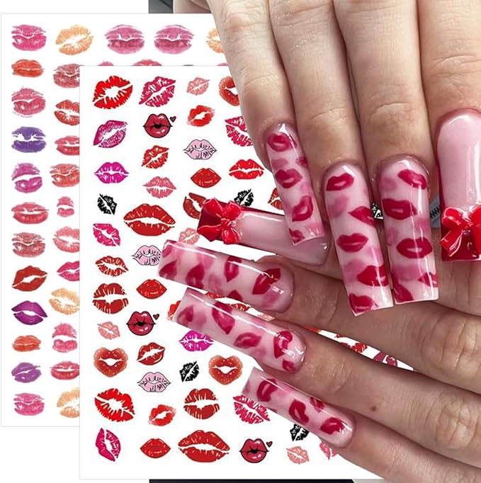 6 Sheets Valentines Day Nail Stickers for Nail Art Kit Sexy Red Lip Nail Decals 3D Self-Adhesive Colorful Lip Nails Design Valentines Nail Art Supplies for Women DIY Acrylic Manicure Salon