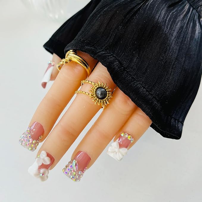 10pcs Handmade Press on Nails for Women - Medium Duck Curve 3D Thick Acrylic Fake Nails Reusable,Designer Floral Butterfly Rhinestones Bling Boho Funky Y2k Nail-art Set,XS,white
