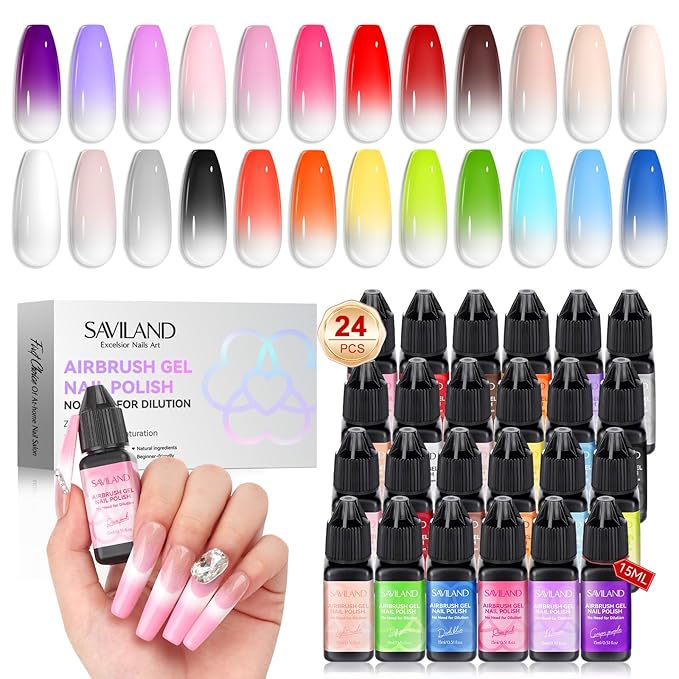 SAVILAND Airbrush Gel Nail Polish - 2026 Must Have 24 Colors, Dilution-Free & Non-Acetone for Gradients & Blush Nails, High Saturation for Layered Art, Home & Salon Nail Set