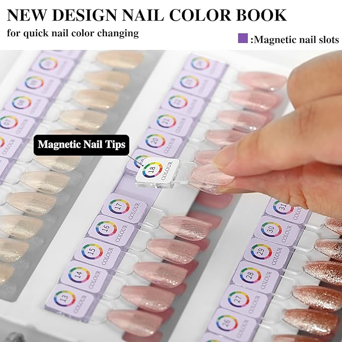 144 Magnetic Nail Color Book,Leather Magnetic Color Display Book with 144PCS Magnetic Tips & 1-240 Number Labels,Perfect for Nail Polish Nails Art Design(Gray)