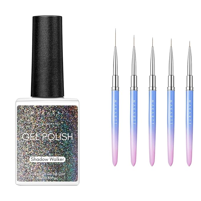 Makartt Nail Art Brushes,Liner for Nails, 5pcs, 7/9/11/15/25mm Bundle With Universal Rainbow Cat Eye Gel Nali Polish 10ml Holographic 9D Sparkly Hole Cat Eye Glitter Gel Polish