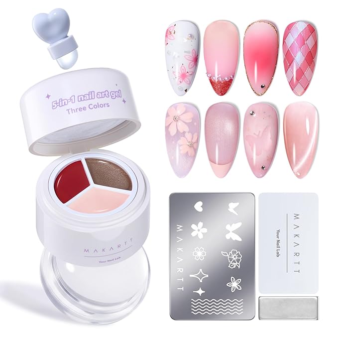 Makartt 5-in-1 Nail Art Gel: ColorPot 3 Colors Gel Nail Polish No Wipe with Nail Stamp for Stamping, French Tips, Ombre, Painting, 3d Micro-Sculpting with Silicone Head for Diy Nails at Home Salon