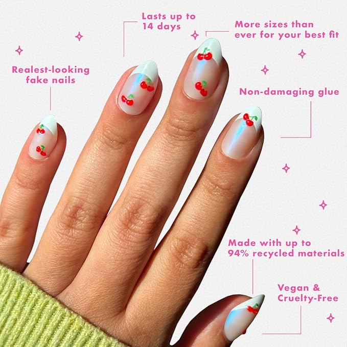 Olive & June Maximalist Instant Mani Press-On Nails (Glue) | 42 Fake Nails, 21 Sizes | Non-Toxic, Long-Lasting Big, Bold Gorgeous | Salon-Quality at Home | Medium, Almond | Puffy Cherry Sharp French