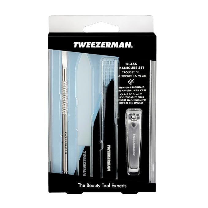 Tweezerman Glass Manicure Set Includes Nail Clipper, Cuticle Pusher, Glass Nail File, and Nail Buffer