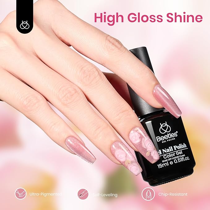 Beetles Pink Cat Eye Gel Nail Polish - 15ML Valentines Gel Polish Light Pink Cat Eye Shimmer Glitter Gel Polish with Magnet Soak Off UV Spring Encounter Nail Art Design Manicure Gifts for Women