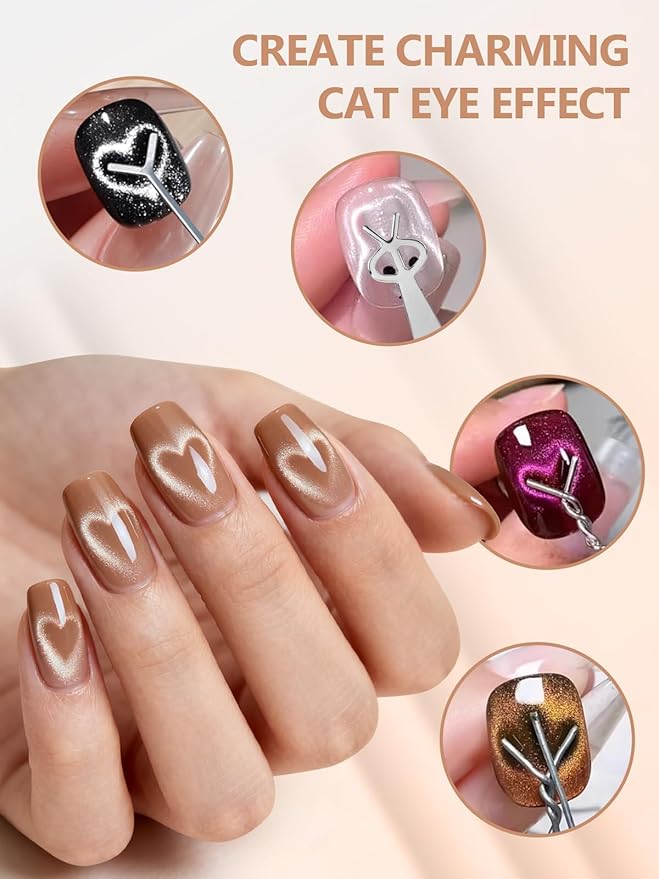 EBANKU 6 in 1 Cat Eye Nail Magnet Tool Set, Multifunctional Wooden Handle Nail Magnet, Heart Rabbit Shape Cat Eye Magnet for Nails, Magnet Pen with Steel Ball for French Nail Art DIY at Home